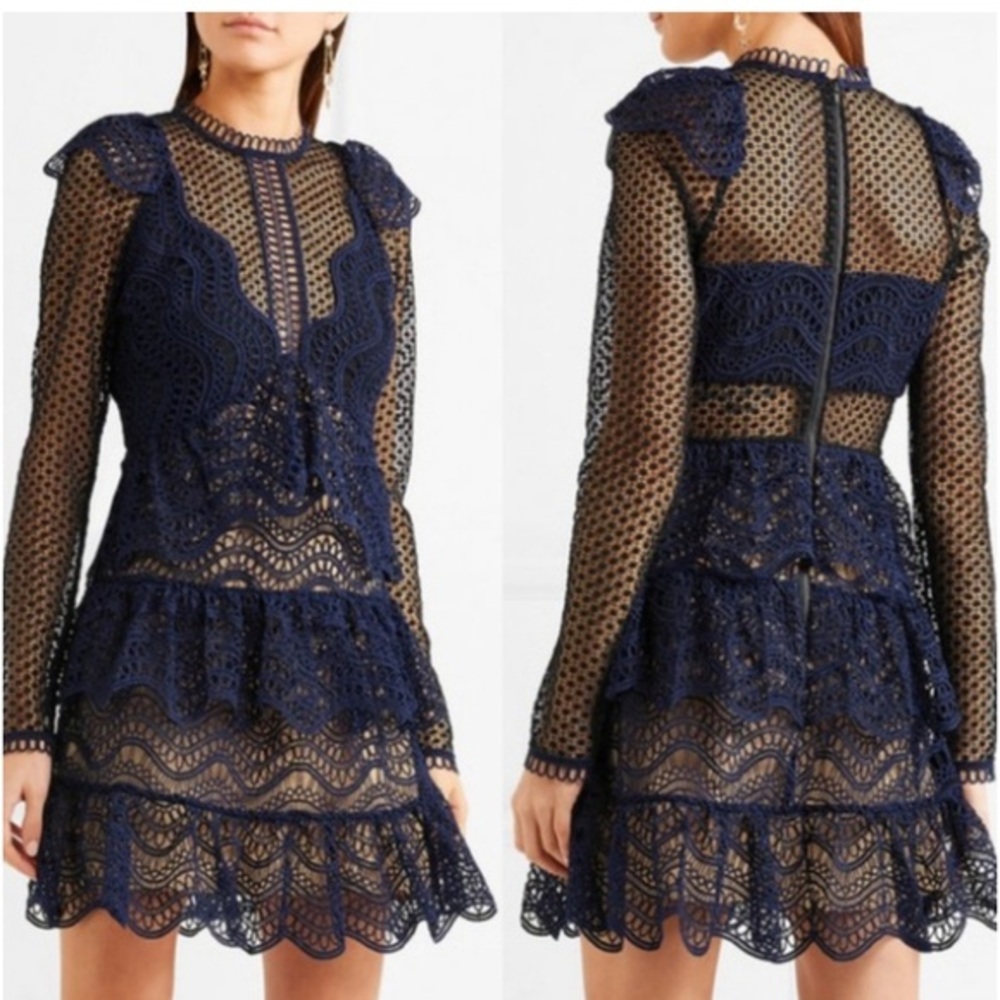 Self-Portrait |navy lace mini dress | Navy Guisepe Lace